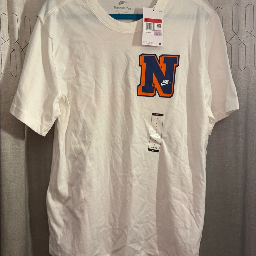 Nike Men's White Tee with Blue and Orange 'N' Logo